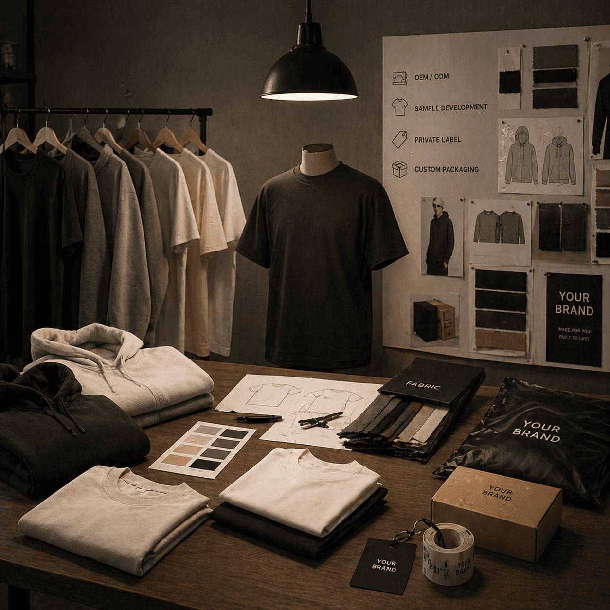 Tailoring studio with sewing machines and fabric rolls for custom apparel manufacturing