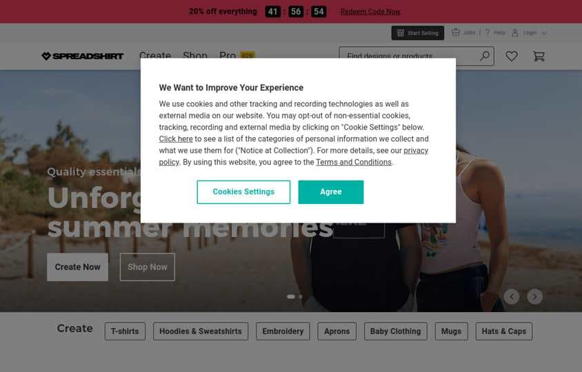 Spreadshirt official homepage screenshot
