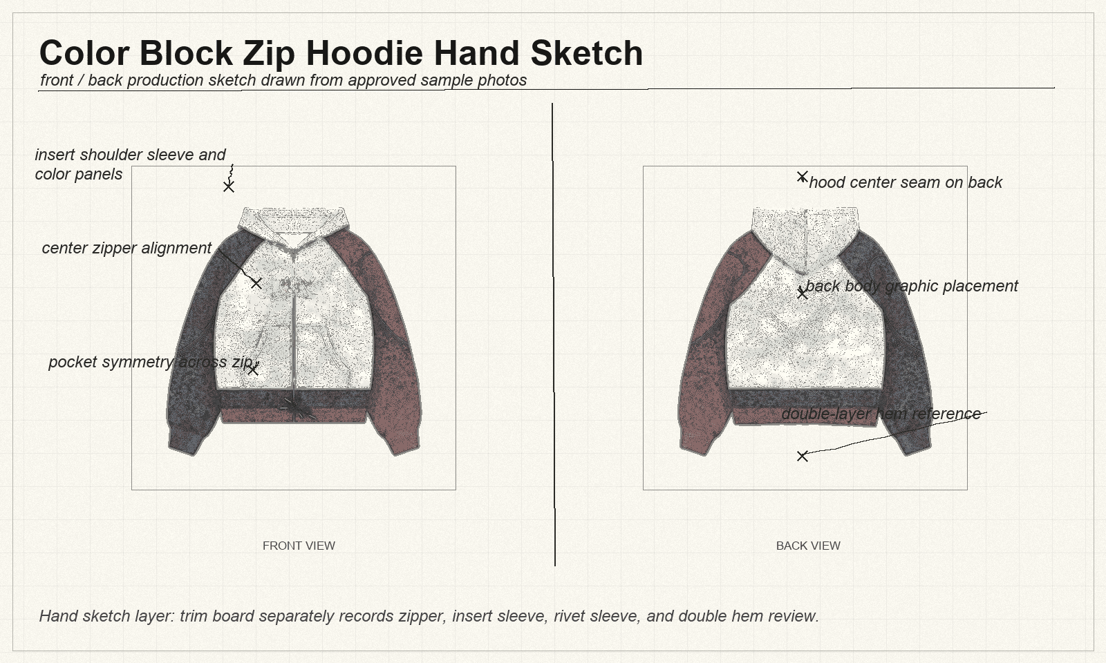 Color block zip hoodie front and back hand sketch with trim callouts