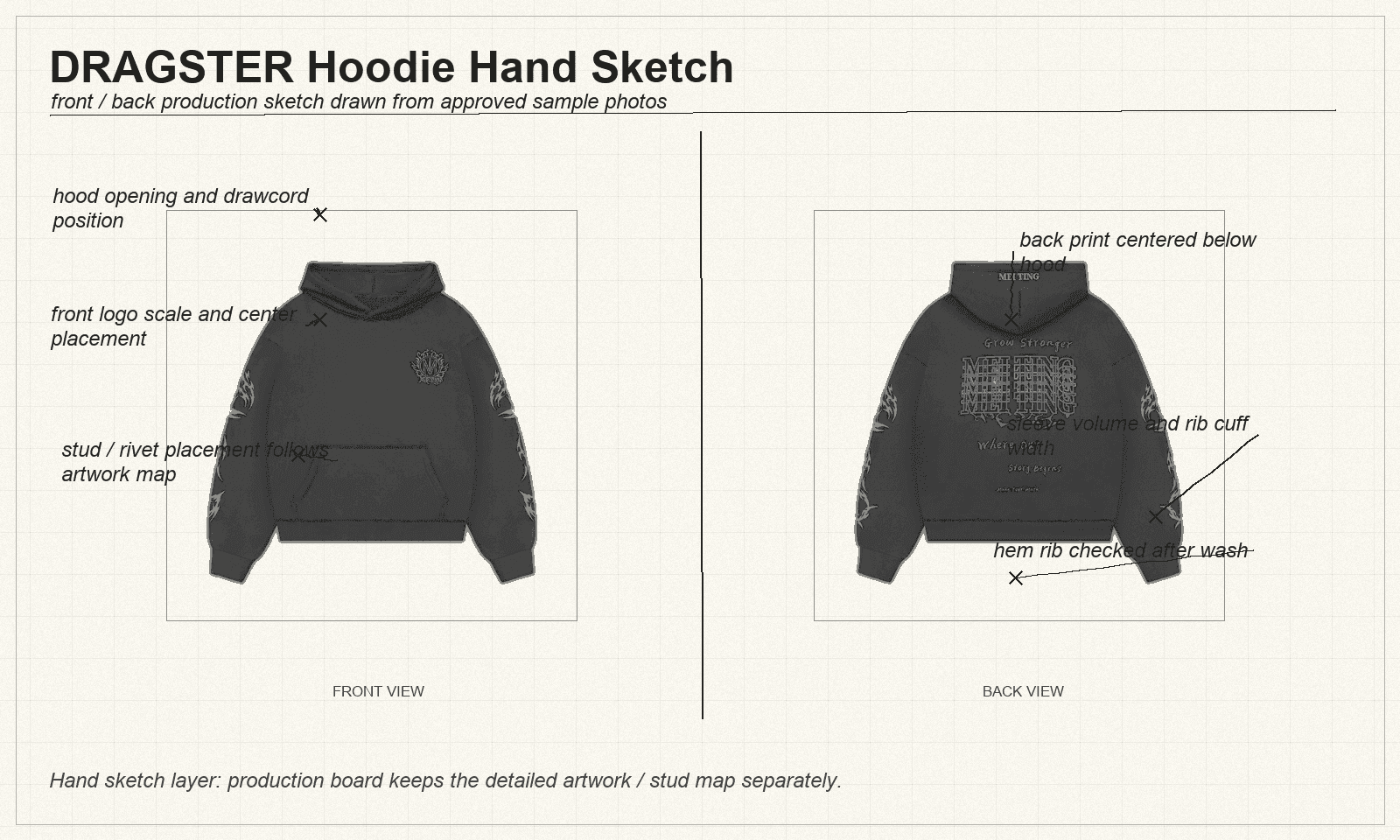 Black DRAGSTER hoodie front and back hand sketch with construction callouts