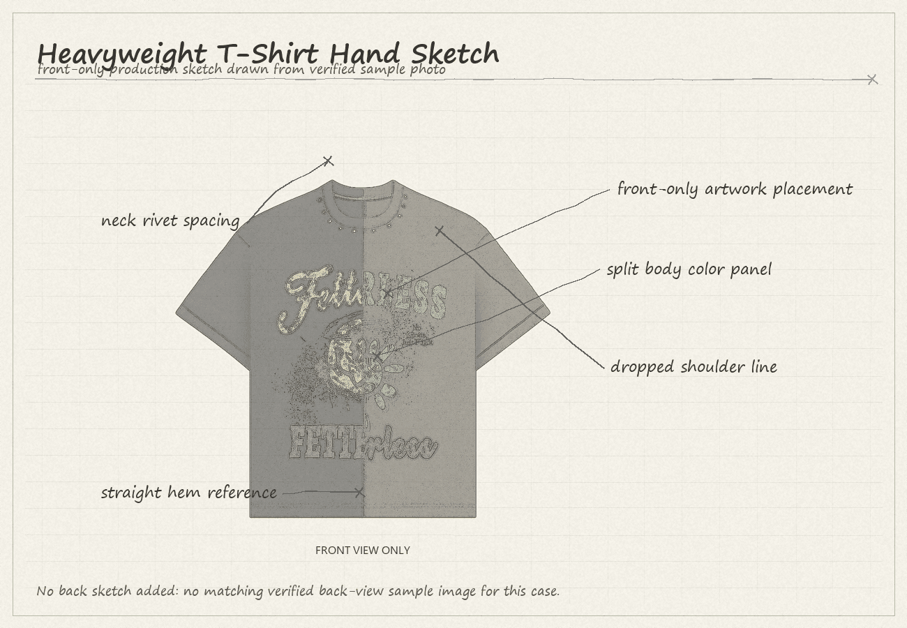 Heavyweight graphic T-shirt front-only design sketch with fit and artwork callouts