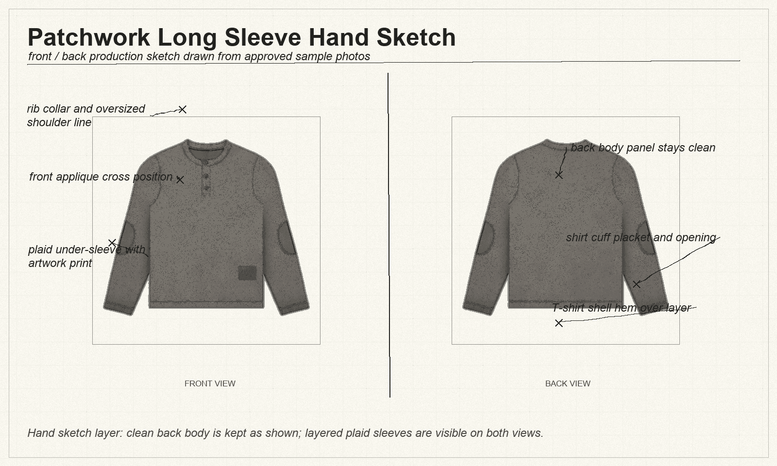 Patchwork long sleeve front and back hand sketch with layering callouts