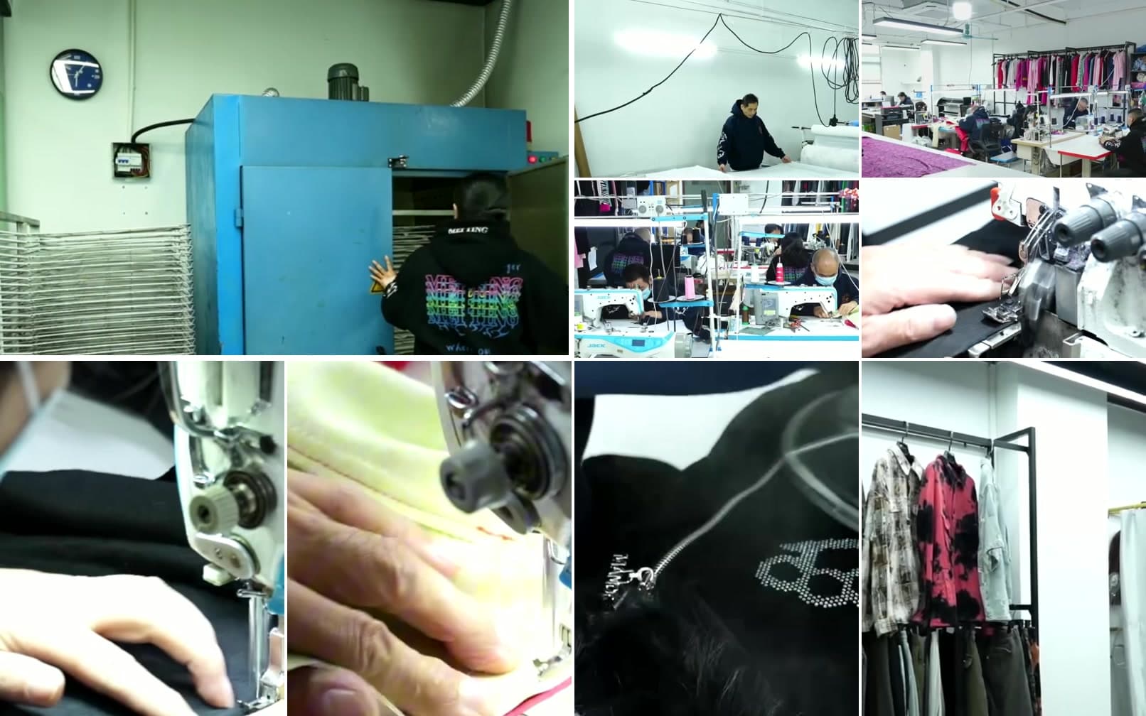 Factory process collage showing cutting, sewing, production equipment, and garment showroom