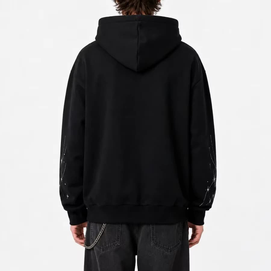 Black oversized zip-up hoodie visual design back view