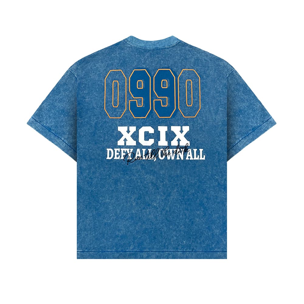 Washed blue number graphic T-shirt sample back view
