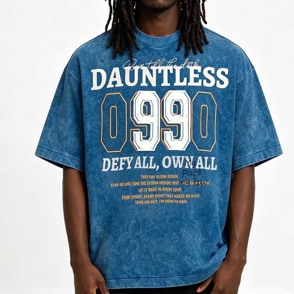 Blue washed oversized graphic T-shirt sample used as a manufacturing reference
