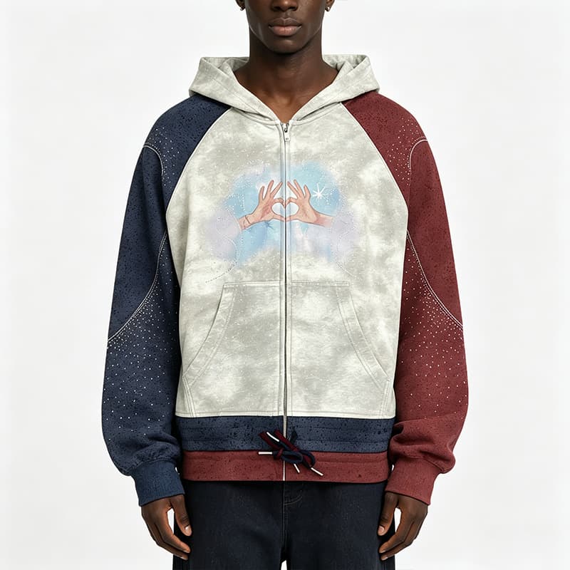 Color block custom zip-up hoodie sample used as a manufacturing reference