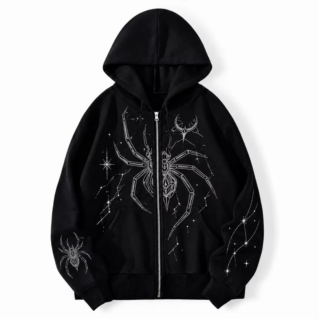 Black rhinestone spider graphic zip-up hoodie visual design front view