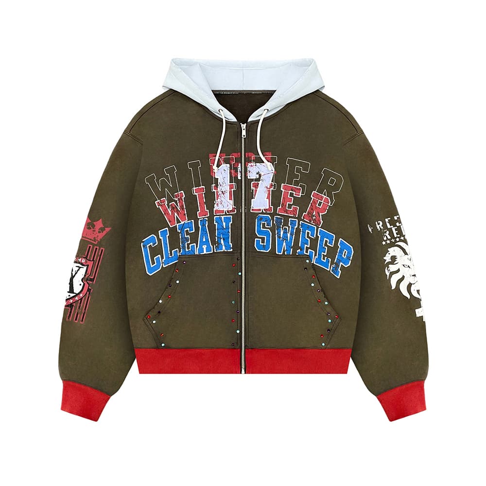 Graphic zip-up fleece hoodie sample 1
