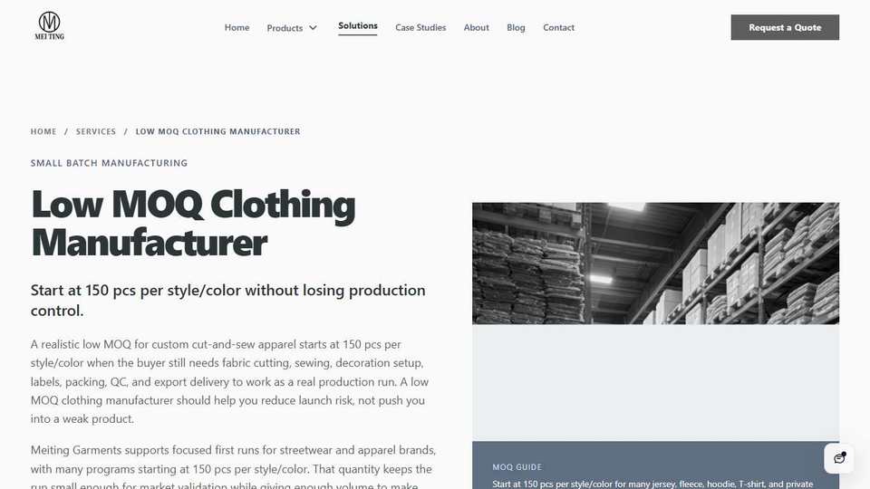 Meiting Garments official homepage screenshot
